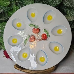 Vintage Mancer Italy Deviled Egg Platter, Italian Majolica Egg Plate MC248